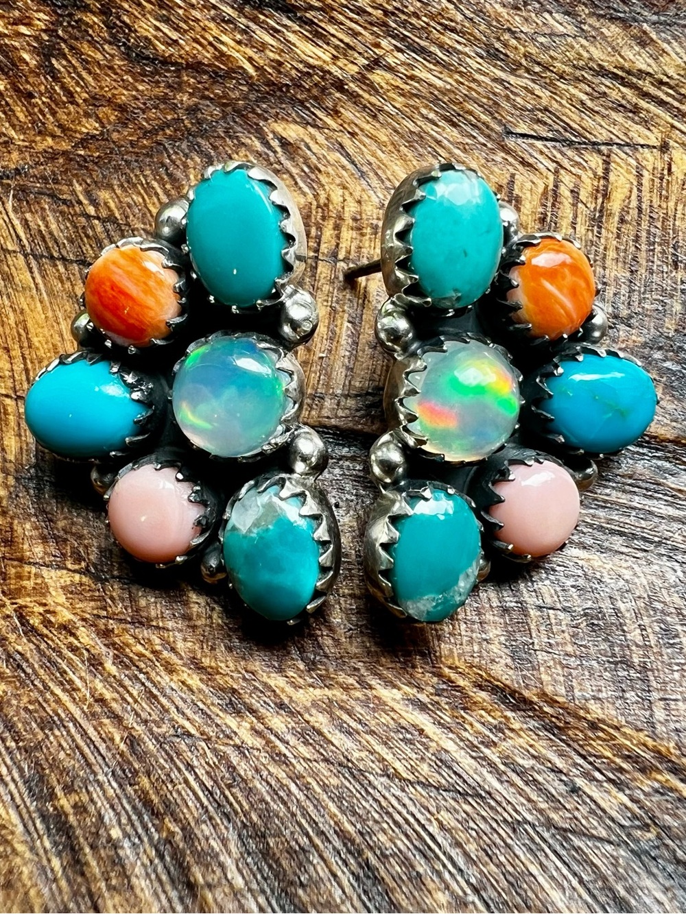 Multi Stone Half Cluster Earrings Sterling Silver Southwestern